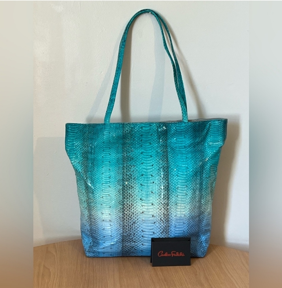 Carlos Falchi Python Genuine Snake Skin Turquoise Blue Tote Bag Purse